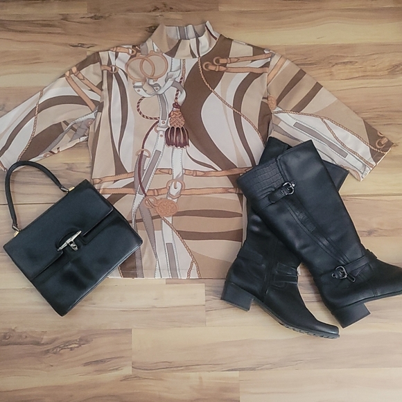 VTG 70s 80s Trompe l' Oeil Equestrian Print Top Med Old Money Preppy Maximalist - Picture 1 of 16